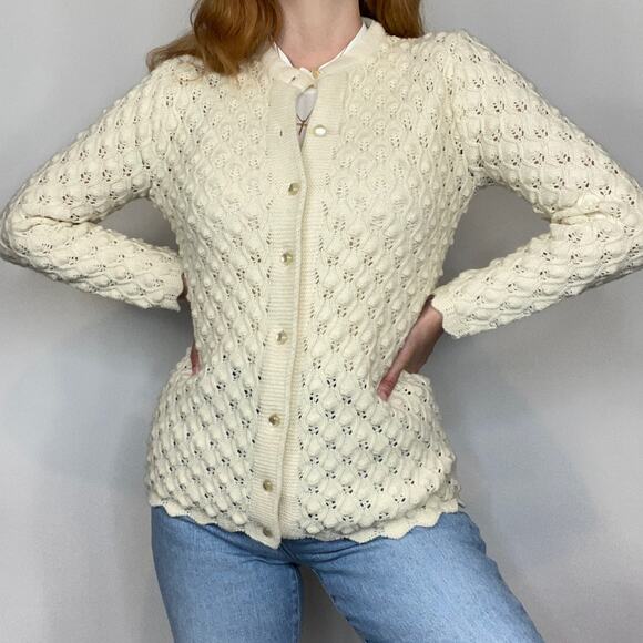 Vintage Montgomery Ward Wintuk Small Ivory Open Knit Button Front Cardigan - Picture 6 of 10